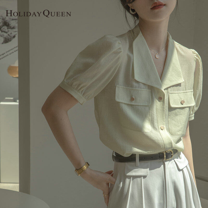 HolidayQueen Ladies Puff Sleeve Shirt Summer New Fashion French High-End Blue Top S M L XL 2XL Free Shipping HQ1302