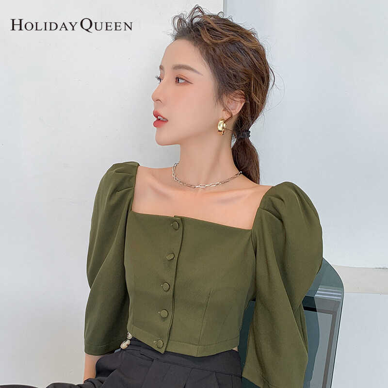HolidayQueen Autumn Women's New Style Short Square Neck Puff Sleeve French Design Khaki Shirt S M L XL Free Shipping HQ0524