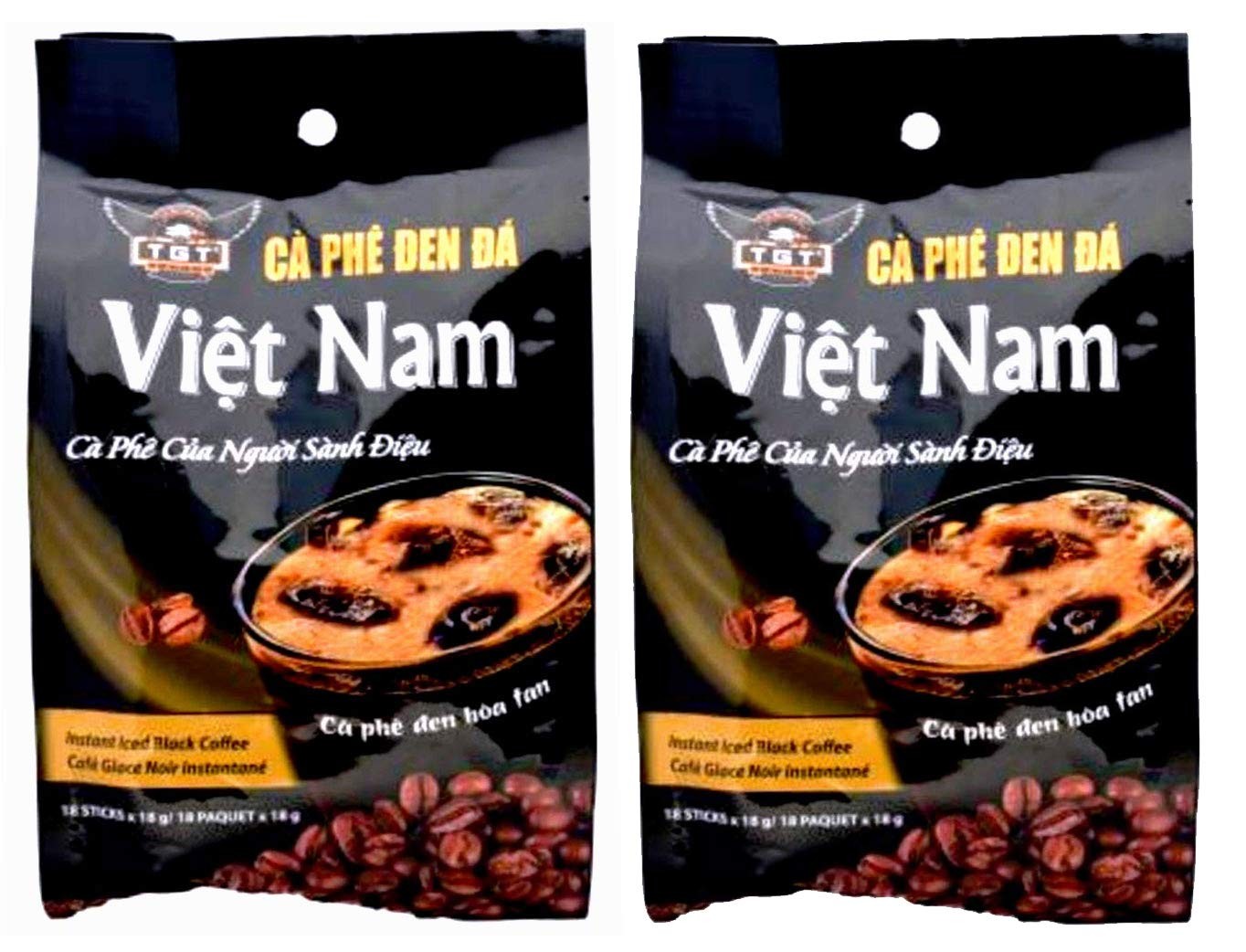 TGT Instant Iced Black Coffee, The Original Vietnamese Instant Coffee Mix, Café Đen Hòa Tan, Coffee Packets Single Serve, Great Coffee Gift for Office Travel Camping, Bag of 18 Packets x 18g, Pack of 
