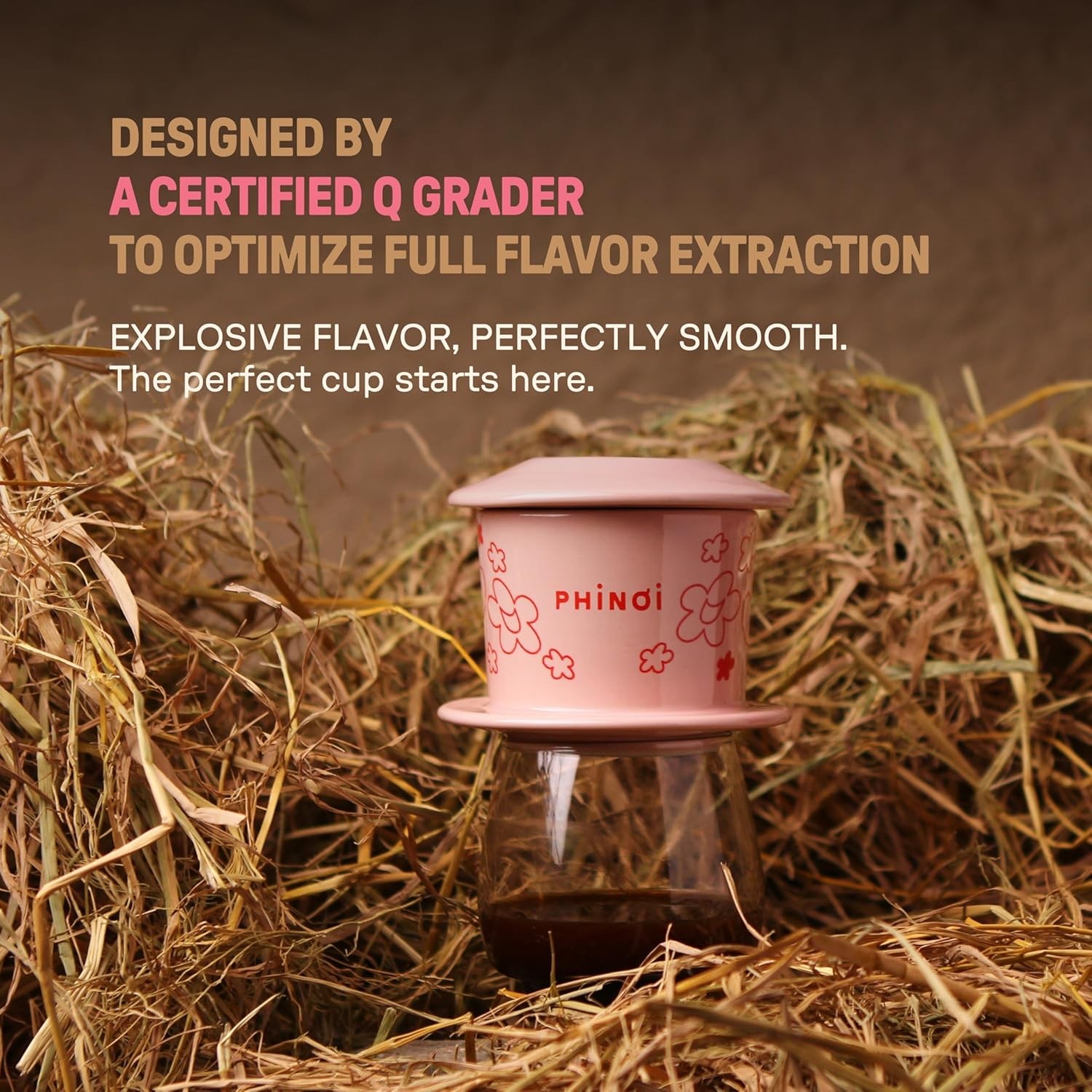 [SPECIAL EDITION] Ceramic Vietnamese Phin Filter by PHINOI - Pour Over Coffee Dripper – 1-2 Cup with Flower Design – Reusable Coffee Filter for Manual Brewing, Travel Friendly (Pink)