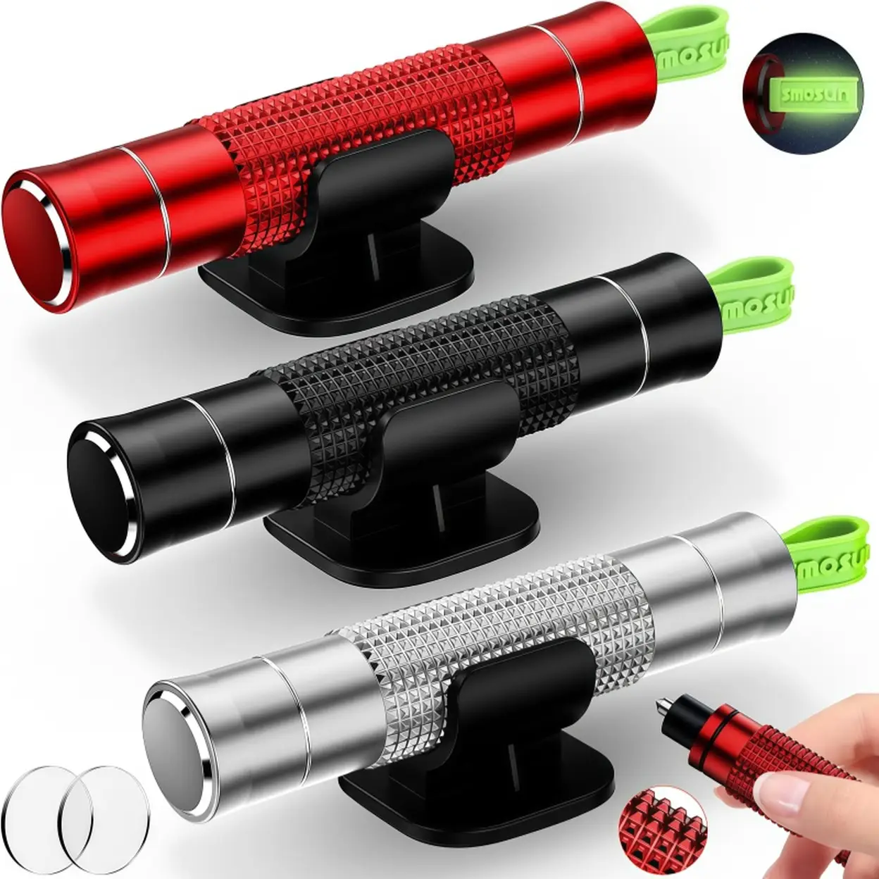 Smosun Safehammer - Upgraded Safe Hammer Glass Breaker Under Water, Car Hammer Seatbelt Cutter Window Breaker Emergency Escape Tool, Safehammer Glass Breaker for New Cars (3PCS Red & Black & Silver)