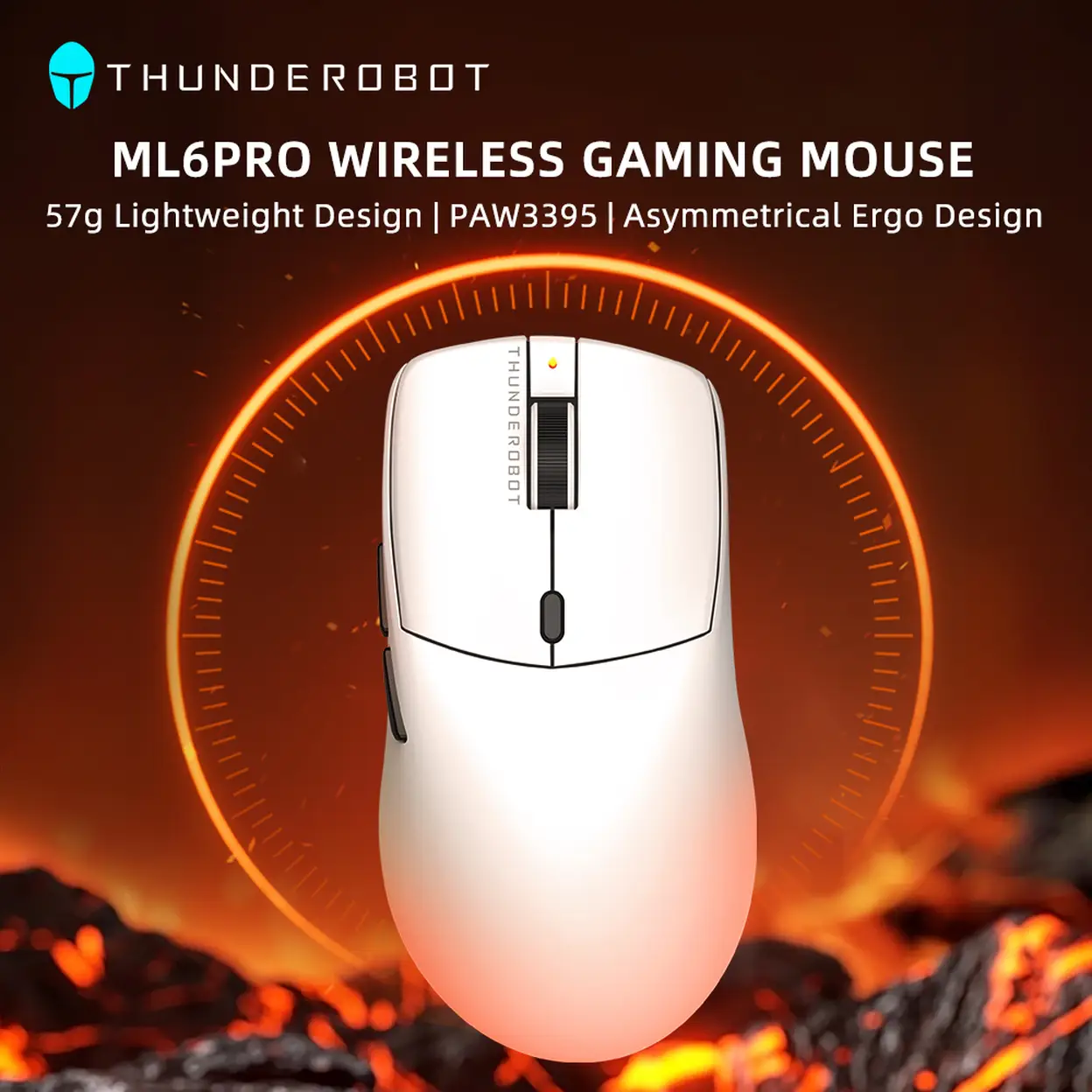 Thunderobot ML6Pro Tri Mode Wireless Gaming Mouse PAW3395 Lightweight 26000 DPI RGB Backlight Ergonomic Mice Suitable for FPS,White