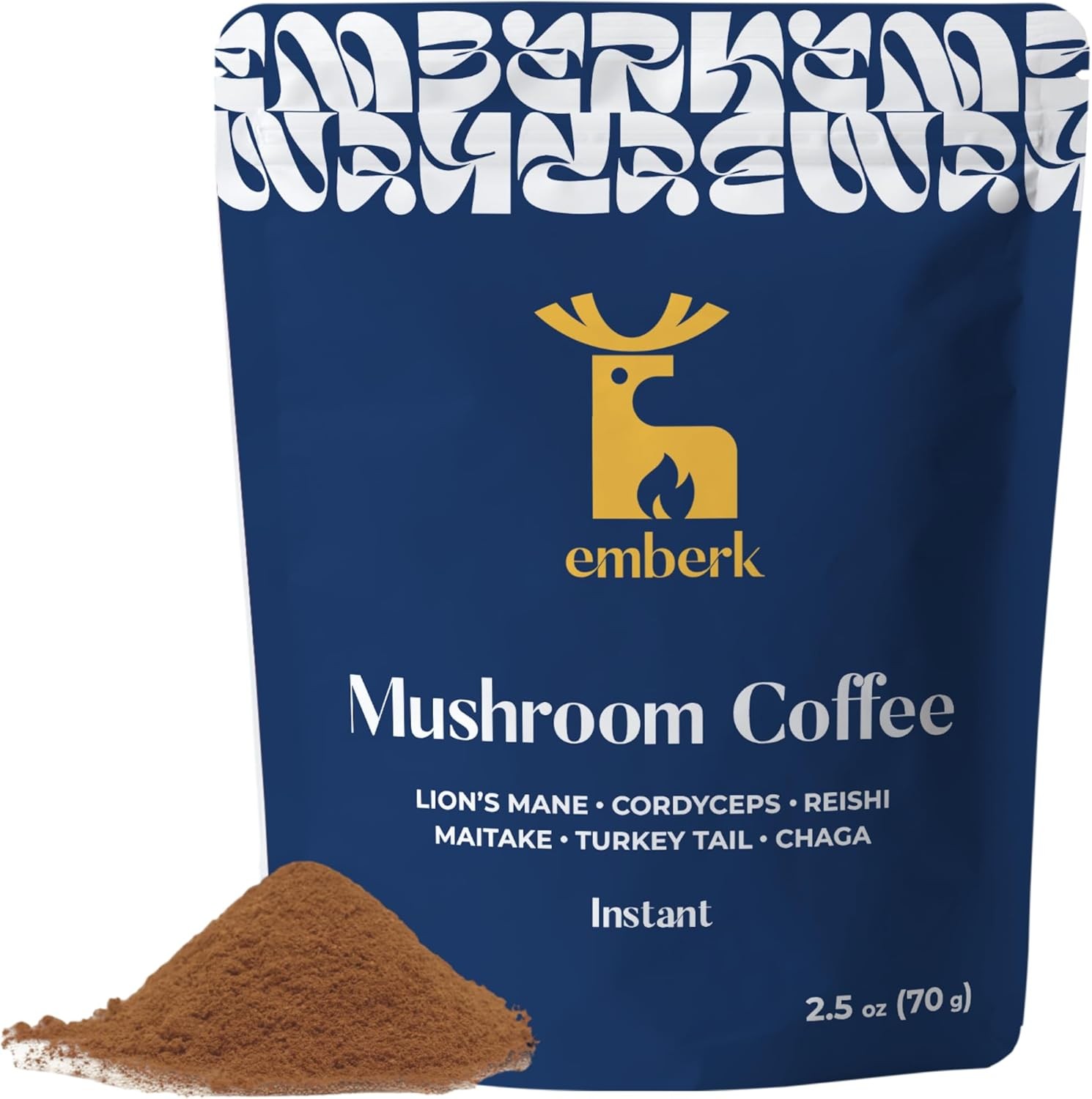 Emberk Organic Mushroom Coffee with Lions Mane - Instant Coffee with 6 Adaptogenic Mushrooms, 5000mg per Cup for Focus, Energy and Immune Support - Low Caffeine, Vegan, 35 Servings
