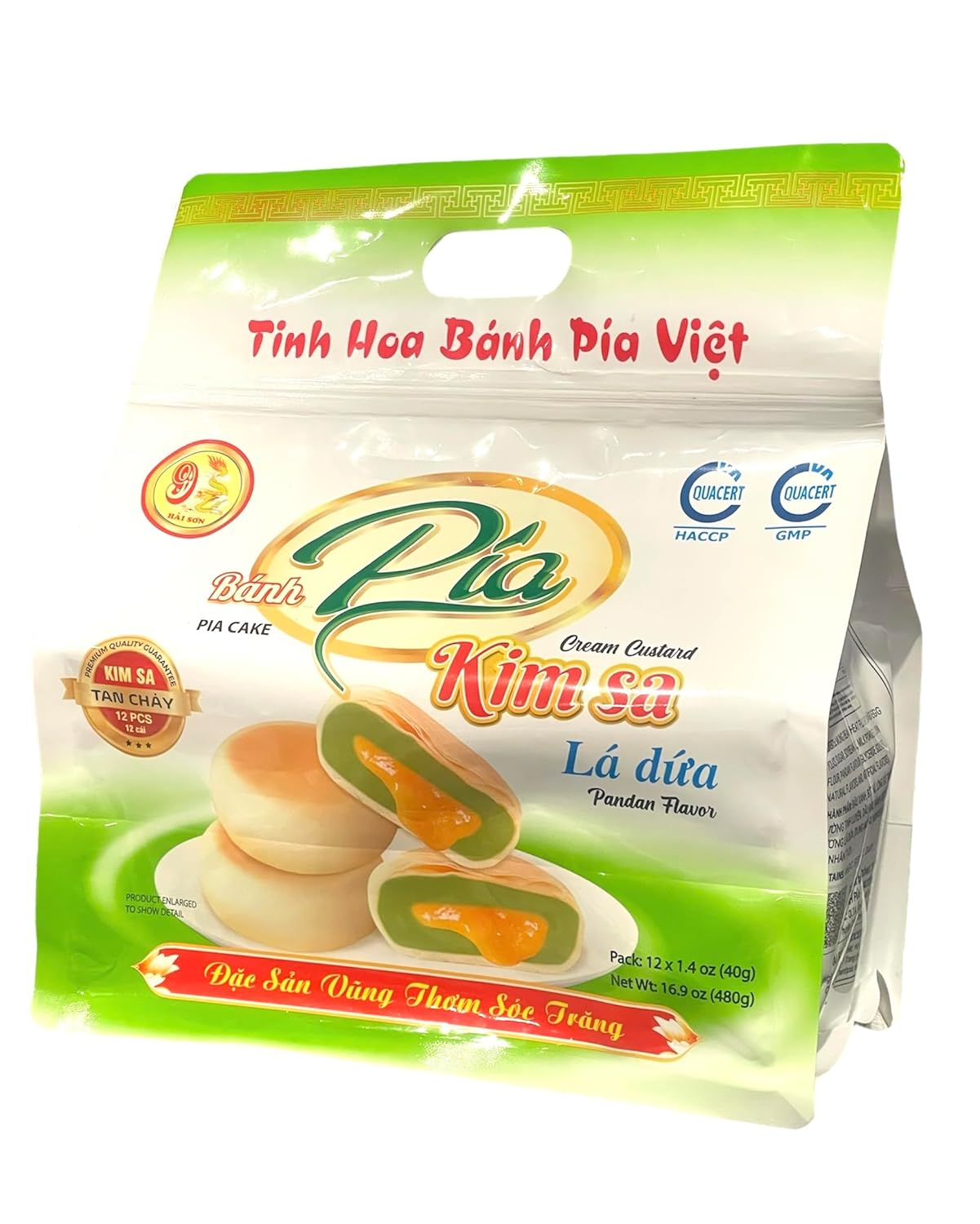 1 Pack - Mini Pandan Pia Cake - Banh Pia Kim Sa La Dua - 12 Cakes per Bag - Product of Vietnam