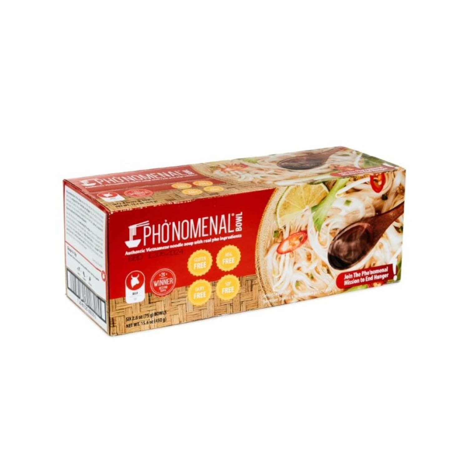 Pho'nomenal Bowl Instant Pho Noodles Gluten Free Low Sodium Vietnamese Beef Soup, No MSG, Authentic Family Recipe, Non GMO, No Soy 2.1 oz. (6 Bowl Pack)