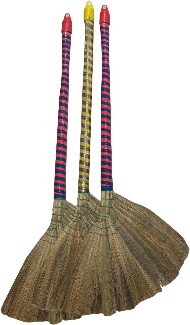 Anti-Static Choi Bong Co Vietnam Hand Made Straw Soft Broom Colored Handle 12" Head Width, 40" Overall Length 3-PC