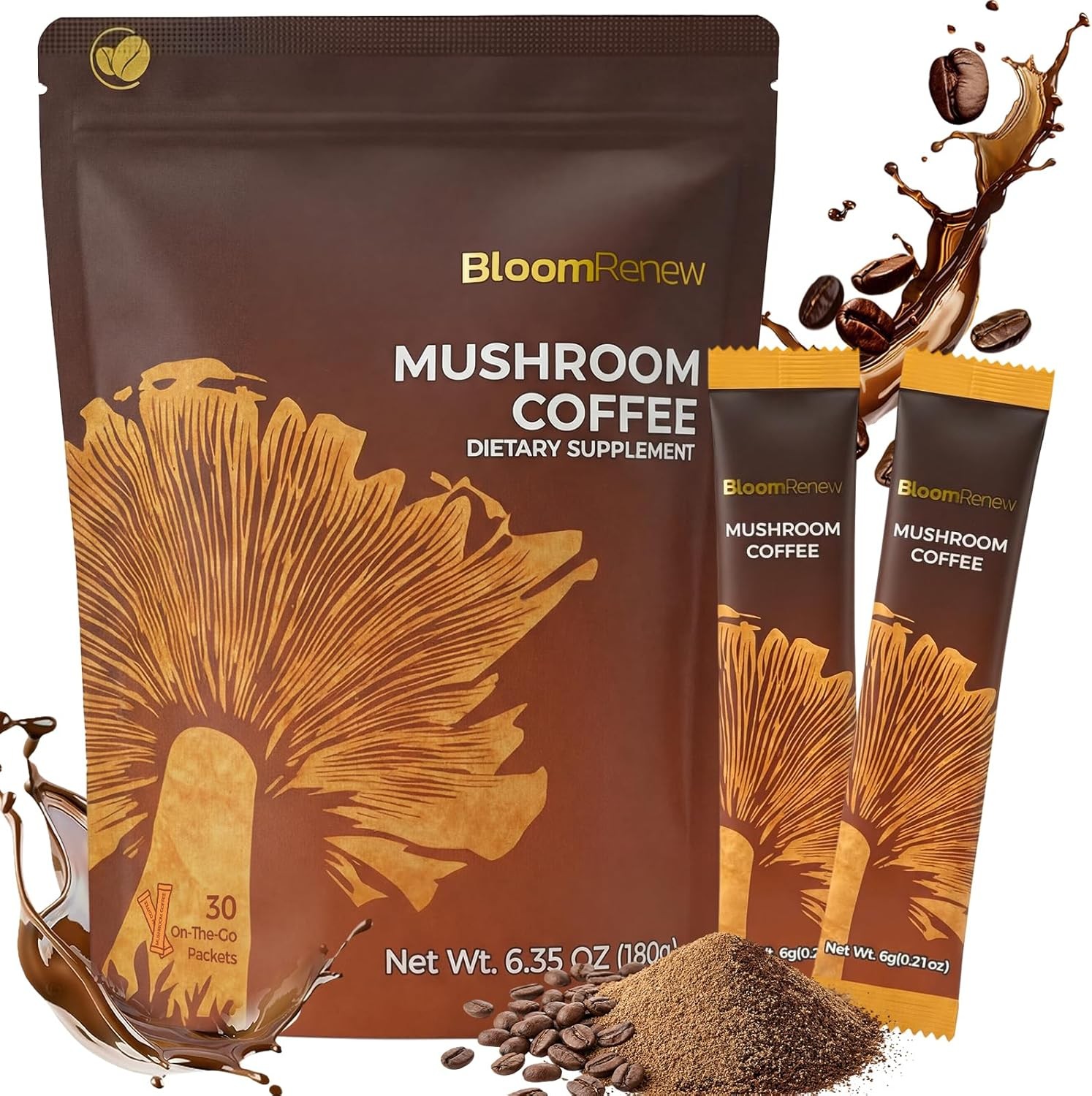 Mushroom Coffee, Instant Coffee with Adaptogenic Mushrooms, Organic Lion's Mane & Reishi, Maitake, Chaga, MCT oil for Immune Support, No Earthy Aftertaste, Dissolve Instantly, 30 Stick Packs