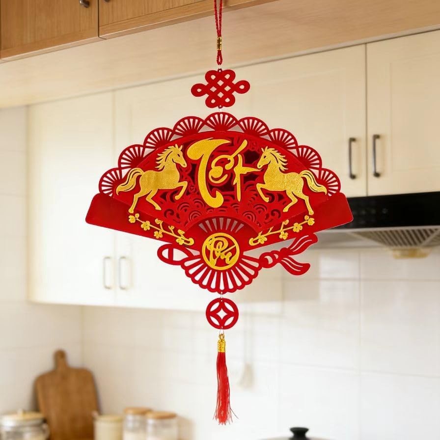 KYMY Vietnamese New Year Hanging Ornament 28.7 x 17.7 Inch, 2026 Tết Vietnam Lunar New Year Fan Decoration, Zodiac Horse Lucky Prosperity Wall & Door Decor for Home Office Store