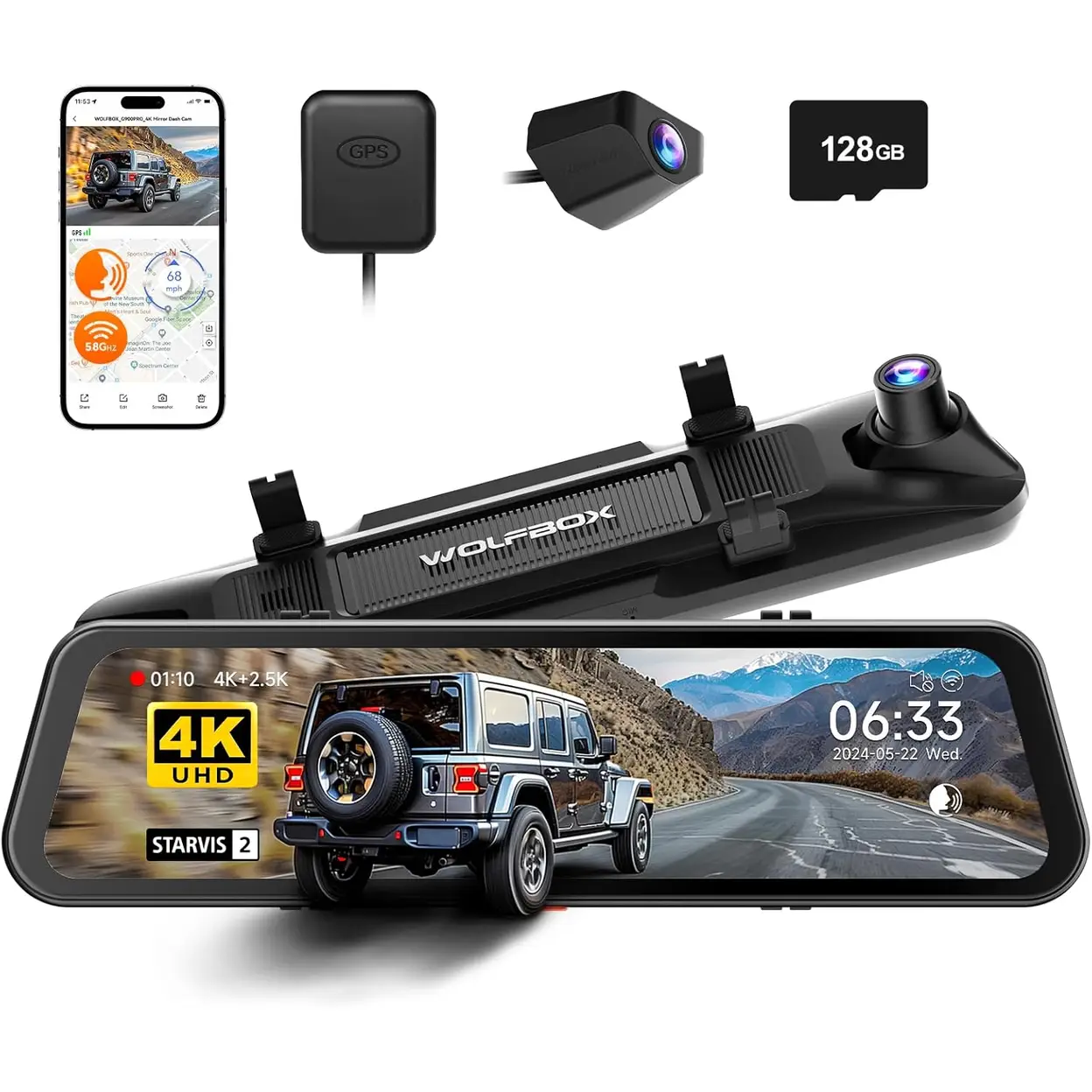 WOLFBOX G900 PRO Dash Cam 4K+2.5K Car DVR Voice Control 5GHZ WI-FI and GPS Video Recorder Front and rear camera, includes 128G Card